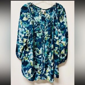St Johns Bay Women’s Blue Green Floral Boho Peasant Flowy Blouse Top XL
